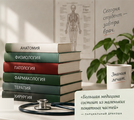 Стопка учебников, стетоскоп и кружка «Знания лечат.»